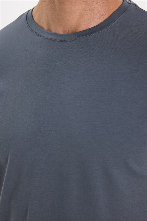 Erkek Slim Fit Dar Kesim Pamuklu Yumuşak Doku Esnek Kumaş Basic Gri Bisiklet Yaka Tişört