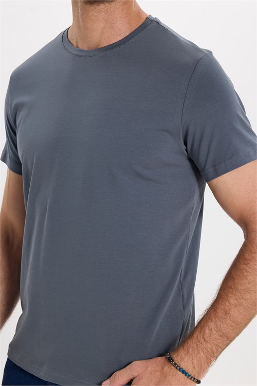 Erkek Slim Fit Dar Kesim Pamuklu Yumuşak Doku Esnek Kumaş Basic Gri Bisiklet Yaka Tişört