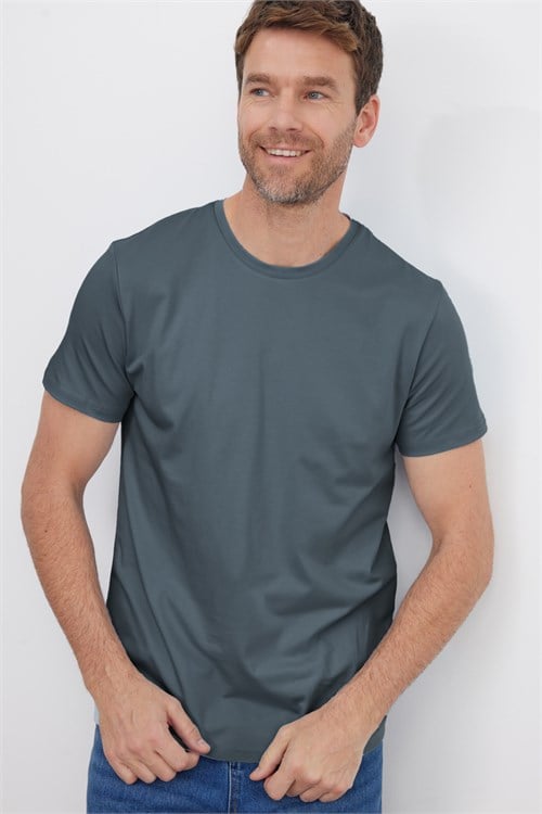 Erkek Slim Fit Dar Kesim Pamuklu Yumuşak Doku Esnek Kumaş Basic Gri Bisiklet Yaka Tişört