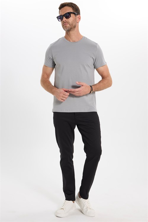 Erkek Slim Fit Dar Kesim Pamuklu Yumuşak Doku Esnek Kumaş Basic Gri Bisiklet Yaka Tişört