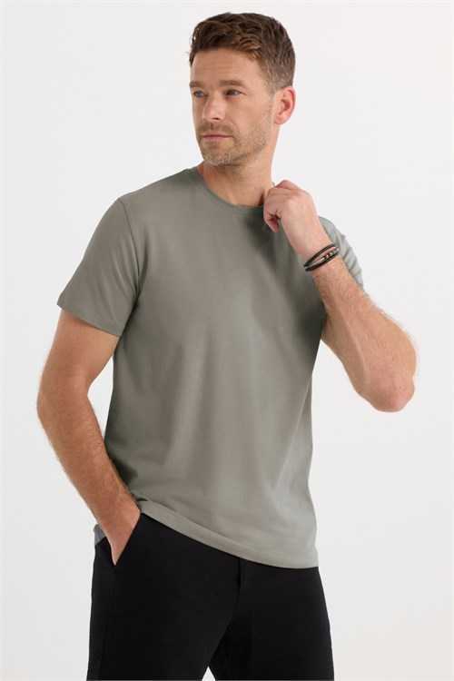 Erkek Slim Fit Dar Kesim Pamuklu Yumuşak Doku Esnek Kumaş Basic Gri Bisiklet Yaka Tişört