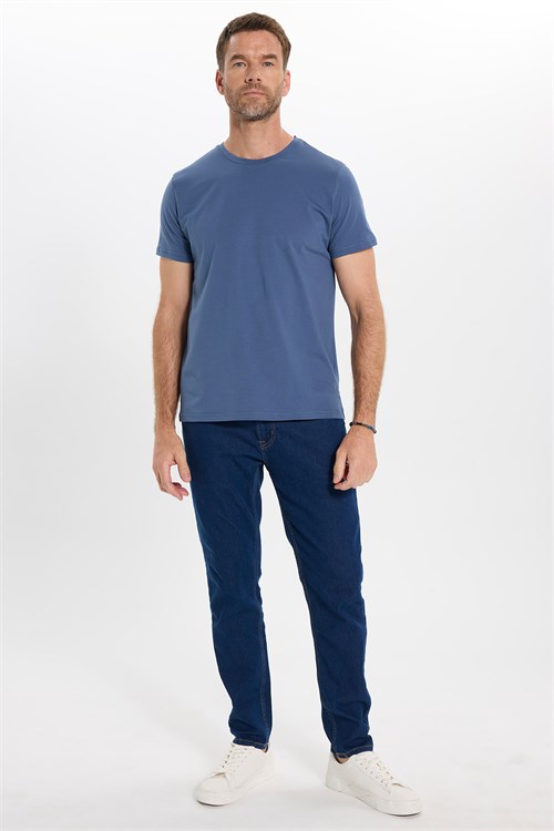 Erkek Slim Fit Dar Kesim Pamuklu Yumuşak Doku Esnek Kumaş Basic İndigo Bisiklet Yaka Tişört