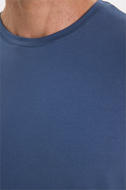 Erkek Slim Fit Dar Kesim Pamuklu Yumuşak Doku Esnek Kumaş Basic İndigo Bisiklet Yaka Tişört