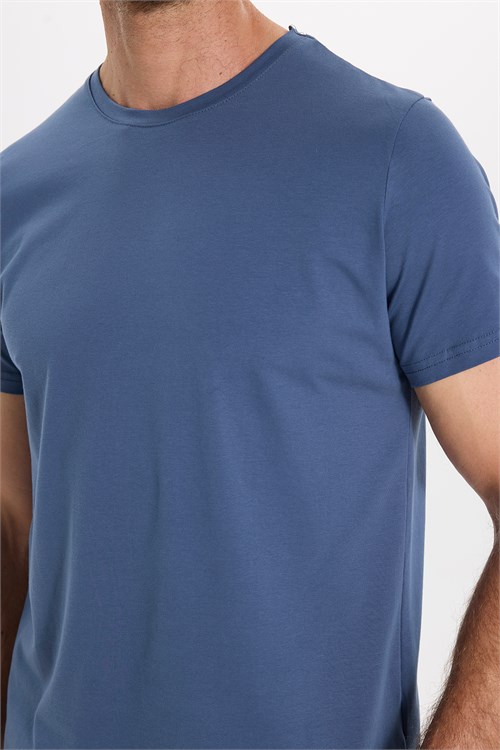 Erkek Slim Fit Dar Kesim Pamuklu Yumuşak Doku Esnek Kumaş Basic İndigo Bisiklet Yaka Tişört