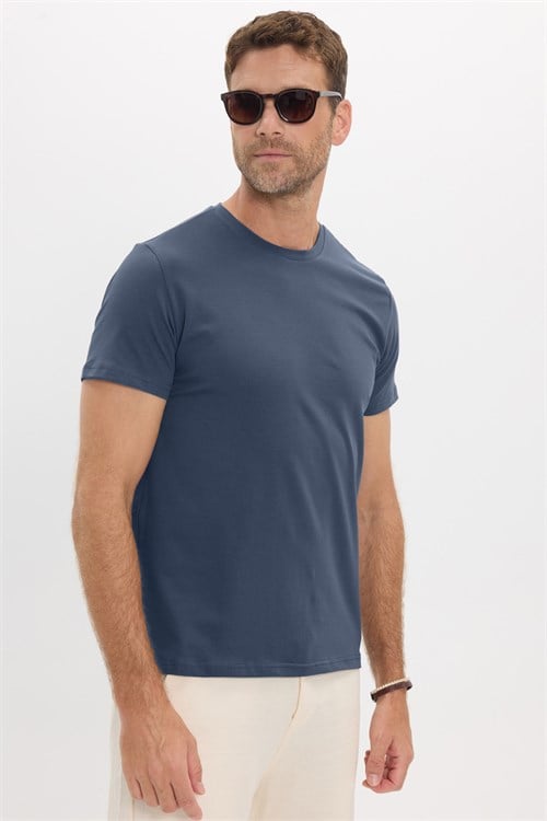Erkek Slim Fit Dar Kesim Pamuklu Yumuşak Doku Esnek Kumaş Basic İndigo Bisiklet Yaka Tişört