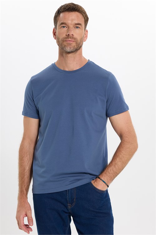 Erkek Slim Fit Dar Kesim Pamuklu Yumuşak Doku Esnek Kumaş Basic İndigo Bisiklet Yaka Tişört