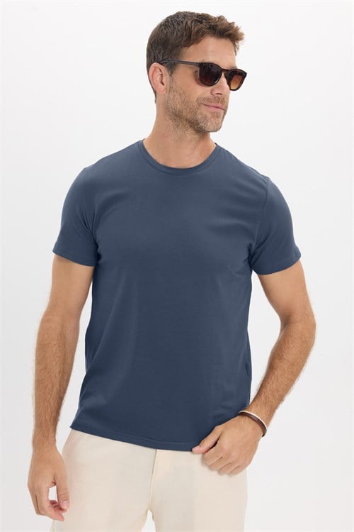 Erkek Slim Fit Dar Kesim Pamuklu Yumuşak Doku Esnek Kumaş Basic İndigo Bisiklet Yaka Tişört