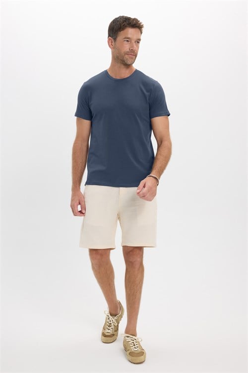 Erkek Slim Fit Dar Kesim Pamuklu Yumuşak Doku Esnek Kumaş Basic İndigo Bisiklet Yaka Tişört