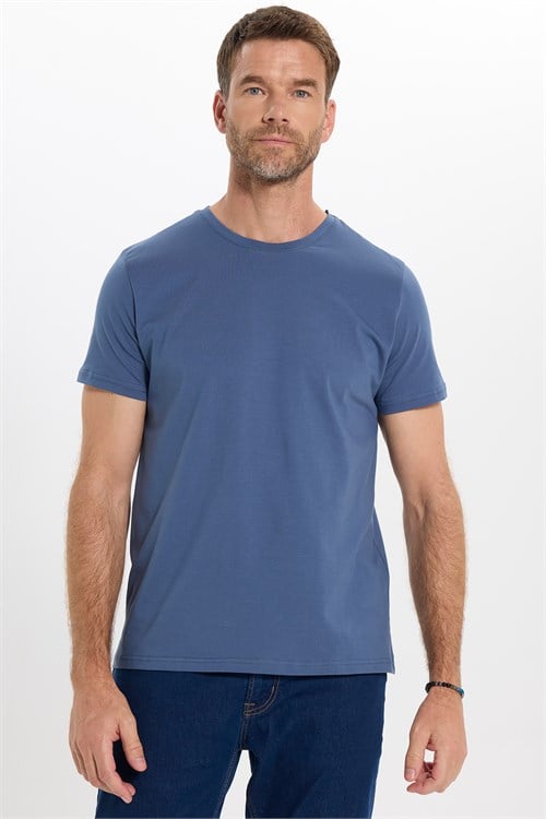 Erkek Slim Fit Dar Kesim Pamuklu Yumuşak Doku Esnek Kumaş Basic İndigo Bisiklet Yaka Tişört