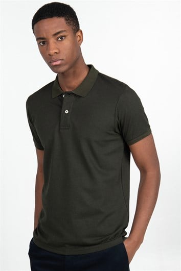 Erkek Slim Fit Dar Kesim %100 Pamuk Düz Pike Haki Polo Yaka Tişört