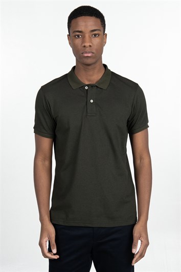 Erkek Slim Fit Dar Kesim %100 Pamuk Düz Pike Haki Polo Yaka Tişört