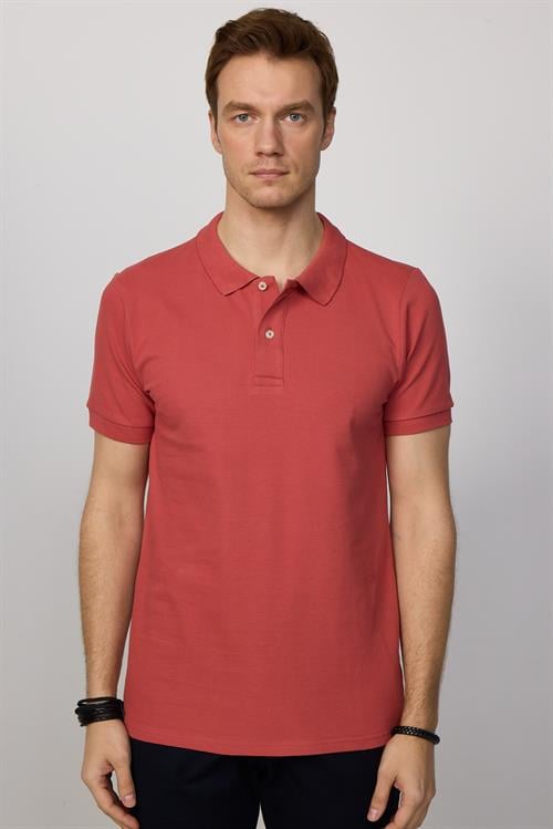 Erkek Slim Fit Dar Kesim %100 Pamuk Düz Pike Kiremit Renk Polo Yaka Tişört