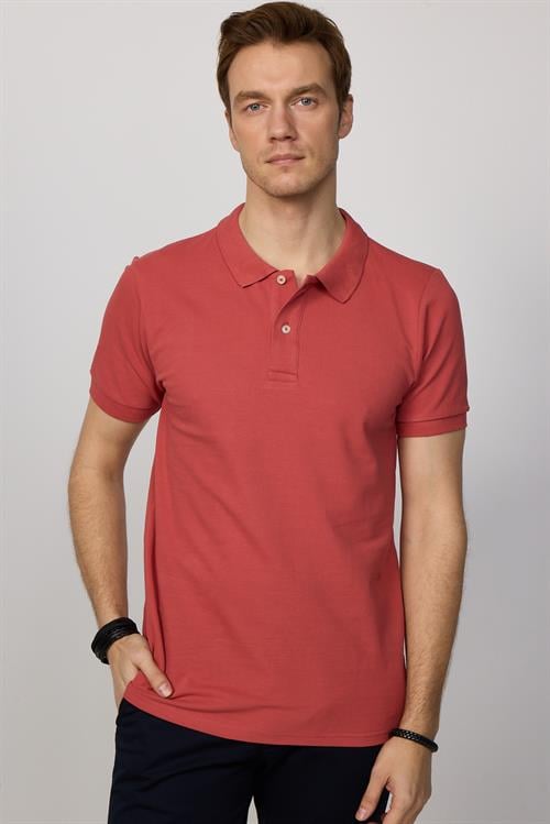 Erkek Slim Fit Dar Kesim %100 Pamuk Düz Pike Kiremit Renk Polo Yaka Tişört