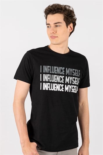 Erkek Slim Fit Dar Kesim %100 Pamuk Yumuşak Dokulu Baskılı Siyah Bisiklet Yaka Tişört