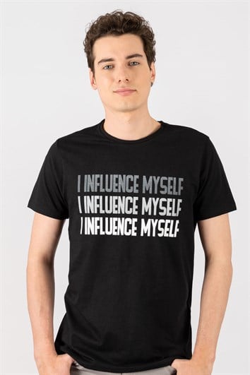 Erkek Slim Fit Dar Kesim %100 Pamuk Yumuşak Dokulu Baskılı Siyah Bisiklet Yaka Tişört