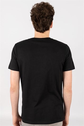 Erkek Slim Fit Dar Kesim %100 Pamuk Yumuşak Dokulu Baskılı Siyah Bisiklet Yaka Tişört