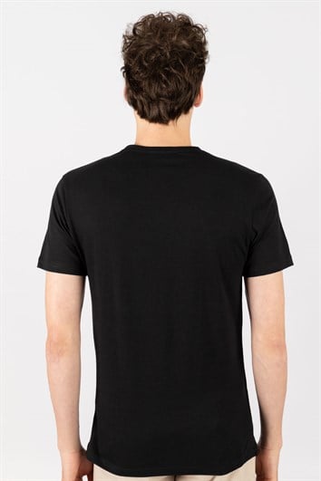 Erkek Slim Fit Dar Kesim %100 Pamuk Yumuşak Dokulu Baskılı Siyah Bisiklet Yaka Tişört