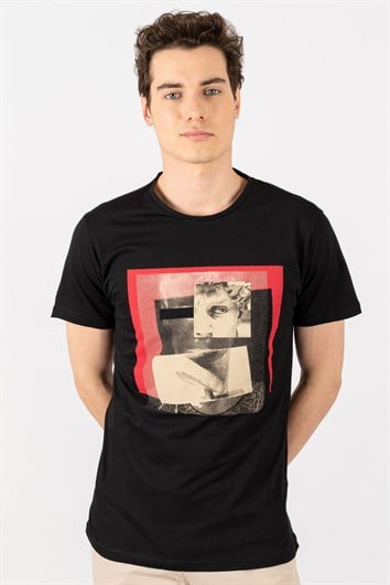 Erkek Slim Fit Dar Kesim %100 Pamuk Yumuşak Dokulu Baskılı Siyah Bisiklet Yaka Tişört