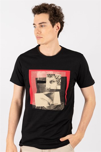 Erkek Slim Fit Dar Kesim %100 Pamuk Yumuşak Dokulu Baskılı Siyah Bisiklet Yaka Tişört