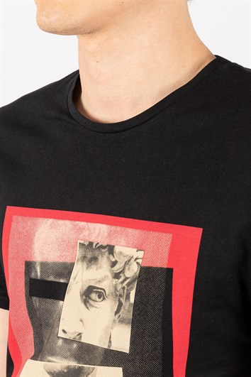 Erkek Slim Fit Dar Kesim %100 Pamuk Yumuşak Dokulu Baskılı Siyah Bisiklet Yaka Tişört