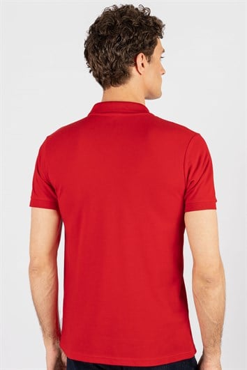 Erkek Slim Fit Dar Kesim %100 Pamuk Düz Pike Kırmızı Polo Yaka Tişört