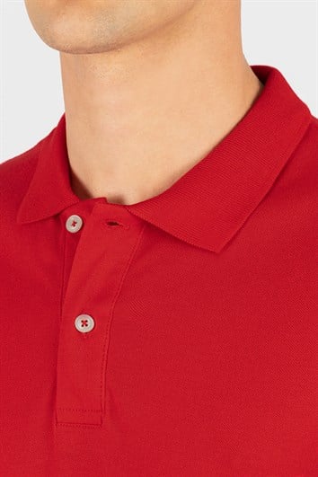 Erkek Slim Fit Dar Kesim %100 Pamuk Düz Pike Kırmızı Polo Yaka Tişört