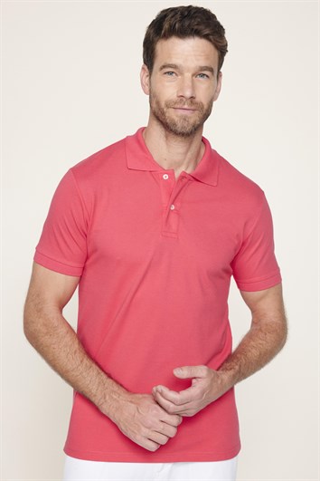 Erkek Slim Fit Dar Kesim %100 Pamuk Düz Pike Pembe Polo Yaka Tişört