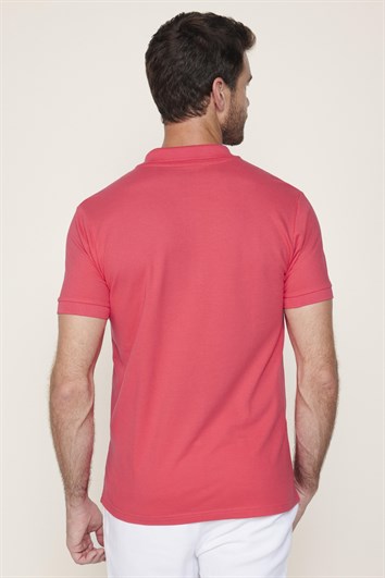 Erkek Slim Fit Dar Kesim %100 Pamuk Düz Pike Pembe Polo Yaka Tişört