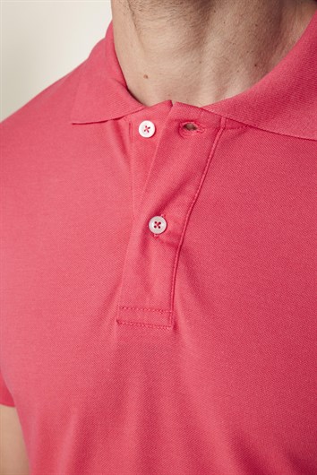 Erkek Slim Fit Dar Kesim %100 Pamuk Düz Pike Pembe Polo Yaka Tişört