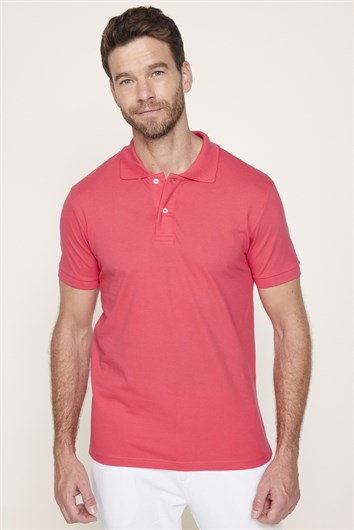 Erkek Slim Fit Dar Kesim %100 Pamuk Düz Pike Pembe Polo Yaka Tişört