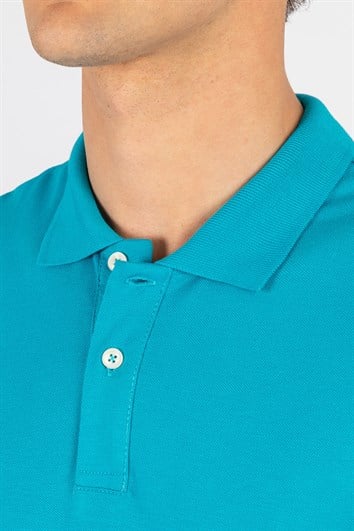 Erkek Slim Fit Dar Kesim %100 Pamuk Düz Pike Turkuaz Polo Yaka Tişört