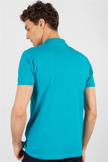 Erkek Slim Fit Dar Kesim %100 Pamuk Düz Pike Turkuaz Polo Yaka Tişört