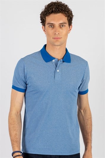 Erkek Slim Fit Dar Kesim Pamuklu Düz Pike Mavi Polo Yaka Tişört
