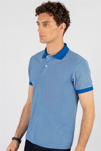 Erkek Slim Fit Dar Kesim Pamuklu Düz Pike Mavi Polo Yaka Tişört