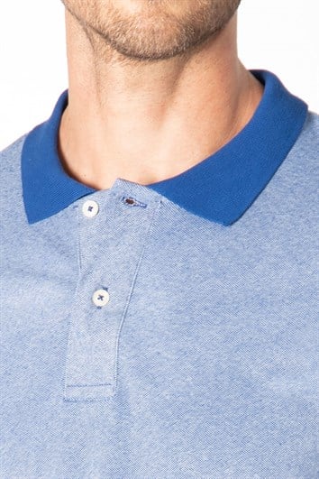 Erkek Slim Fit Dar Kesim Pamuklu Düz Pike Mavi Polo Yaka Tişört