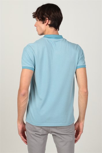 Erkek Slim Fit Dar Kesim Pamuklu Düz Pike Turkuaz Polo Yaka Tişört