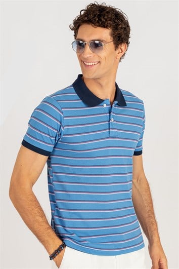 Erkek Slim Fit Dar Kesim %100 Pamuk Çizgili Pike Mavi Polo Yaka Tişört
