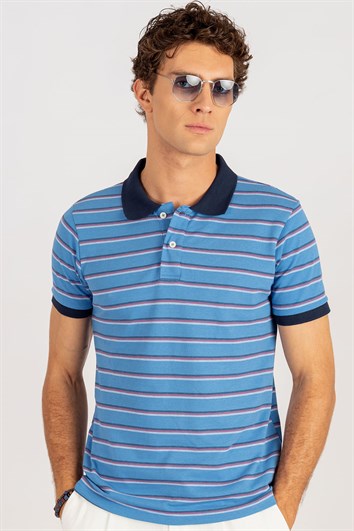Erkek Slim Fit Dar Kesim %100 Pamuk Çizgili Pike Mavi Polo Yaka Tişört