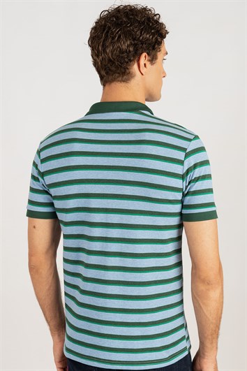 Erkek Slim Fit Dar Kesim %100 Pamuk Çizgili Pike Mavi Polo Yaka Tişört