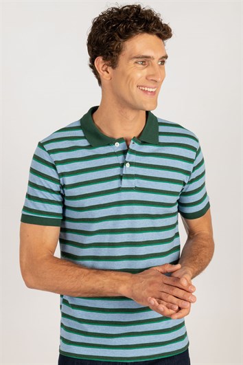 Erkek Slim Fit Dar Kesim %100 Pamuk Çizgili Pike Mavi Polo Yaka Tişört