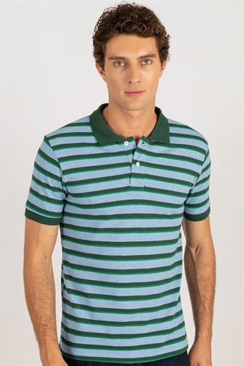 Erkek Slim Fit Dar Kesim %100 Pamuk Çizgili Pike Mavi Polo Yaka Tişört