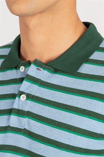 Erkek Slim Fit Dar Kesim %100 Pamuk Çizgili Pike Mavi Polo Yaka Tişört