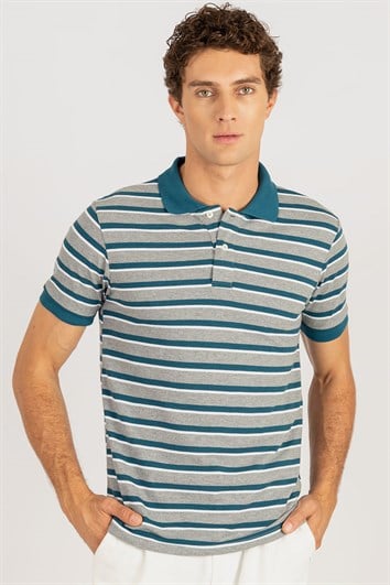 Erkek Slim Fit Dar Kesim %100 Pamuk Çizgili Pike Gri Polo Yaka Tişört