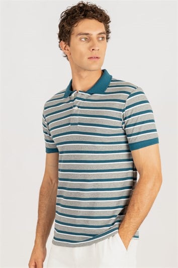 Erkek Slim Fit Dar Kesim %100 Pamuk Çizgili Pike Gri Polo Yaka Tişört