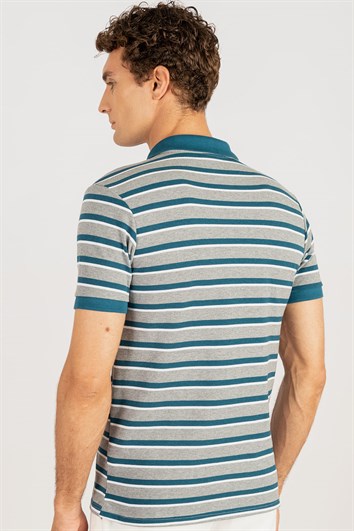 Erkek Slim Fit Dar Kesim %100 Pamuk Çizgili Pike Gri Polo Yaka Tişört