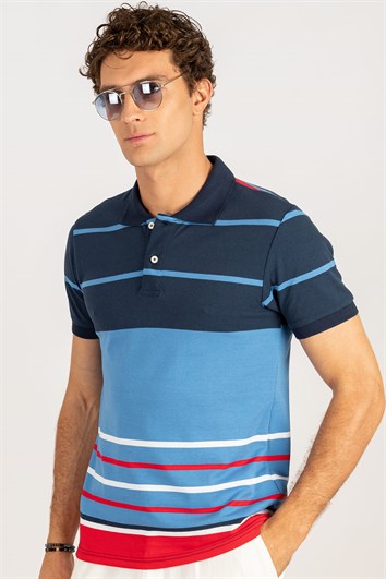 Erkek Slim Fit Dar Kesim %100 Pamuk Çizgili Pike Polo Yaka Tişört