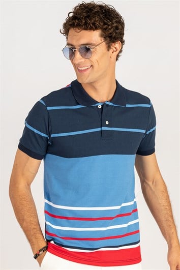 Erkek Slim Fit Dar Kesim %100 Pamuk Çizgili Pike Polo Yaka Tişört