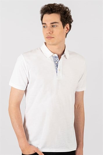 Erkek Slim Fit Dar Kesim %100 Pamuk Düz Pike Beyaz Polo Yaka Tişört