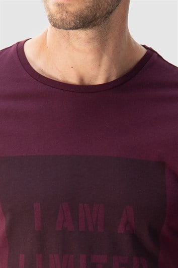 Erkek Slim Fit Dar Kesim %100 Pamuk Yumuşak Dokulu Baskılı Bordo Bisiklet Yaka Tişört