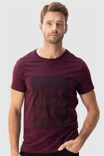 Erkek Slim Fit Dar Kesim %100 Pamuk Yumuşak Dokulu Baskılı Bordo Bisiklet Yaka Tişört